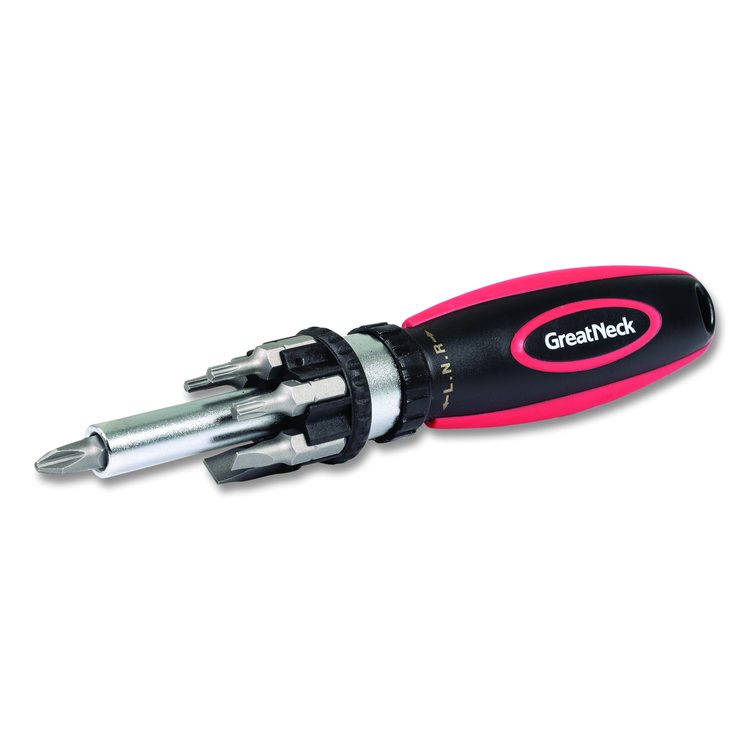 Ratcheting Screw/Nut Driver Set, Phillips/Slotted/Star Bits, 7" Long, Black/Red