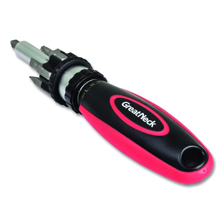 Ratcheting Screw/Nut Driver Set, Phillips/Slotted/Star Bits, 7" Long, Black/Red