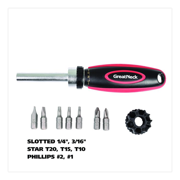 Ratcheting Screw/Nut Driver Set, Phillips/Slotted/Star Bits, 7" Long, Black/Red