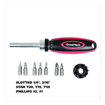 Ratcheting Screw/Nut Driver Set, Phillips/Slotted/Star Bits, 7" Long, Black/Red