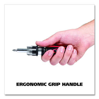 Ratcheting Screw/Nut Driver Set, Phillips/Slotted/Star Bits, 7" Long, Black/Red