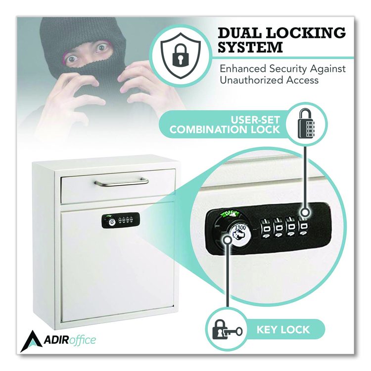 Medium Secure Drop Box Wall Mounted Locking Mail Box with Key and Combination Lock, 10.51 x 4.72 x 12, White