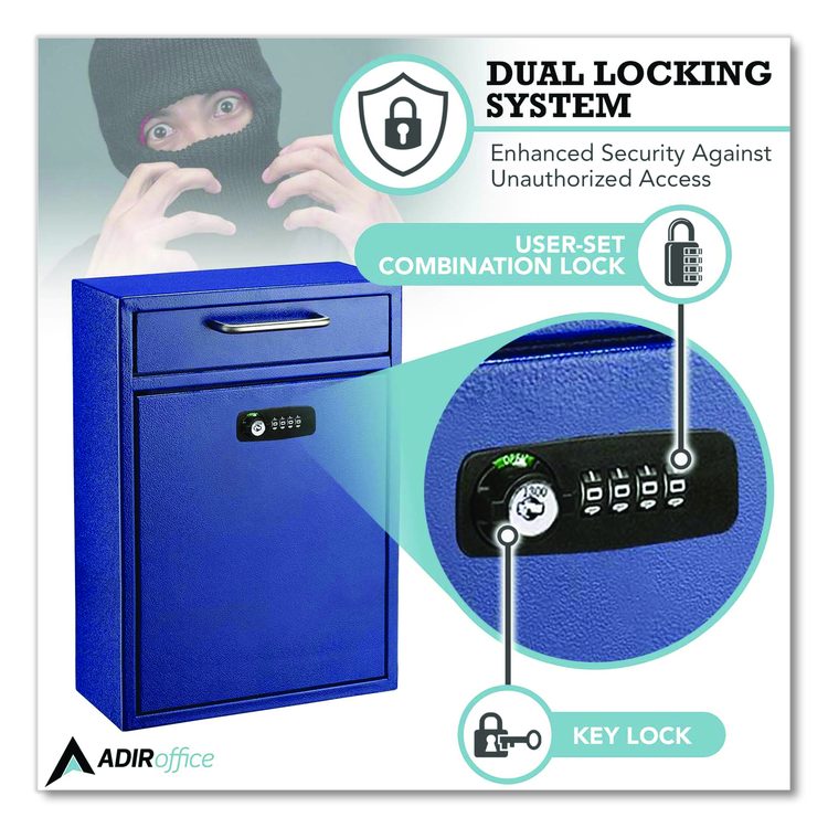 Large Secure Drop Box Wall Mounted Locking Mail Box with Key and Combination lock, 11.2 x 4.7 x 16.2, Blue