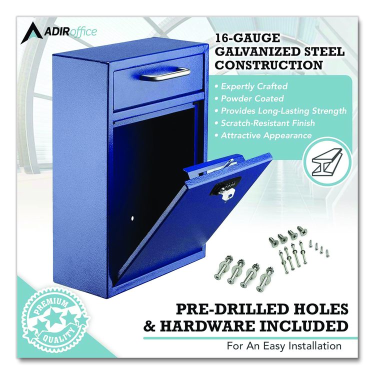 Large Secure Drop Box Wall Mounted Locking Mail Box with Key and Combination lock, 11.2 x 4.7 x 16.2, Blue