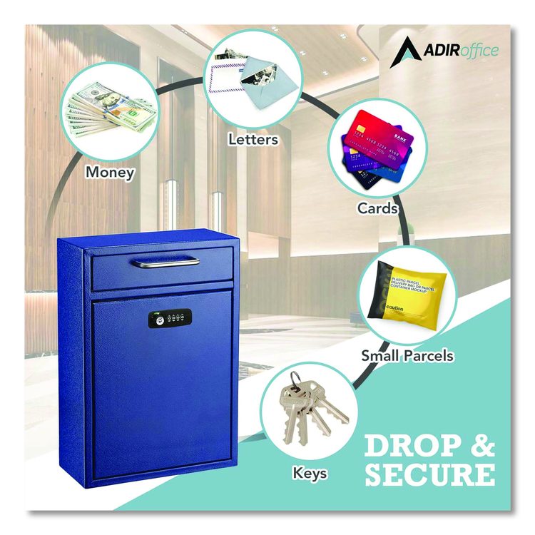 Large Secure Drop Box Wall Mounted Locking Mail Box with Key and Combination lock, 11.2 x 4.7 x 16.2, Blue