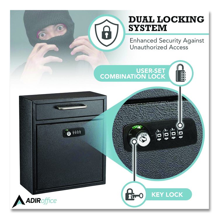Medium Secure Drop Box Wall Mounted Locking Mail Box with Key and Combination Lock, 10.51 x 4.72 x 12, Black