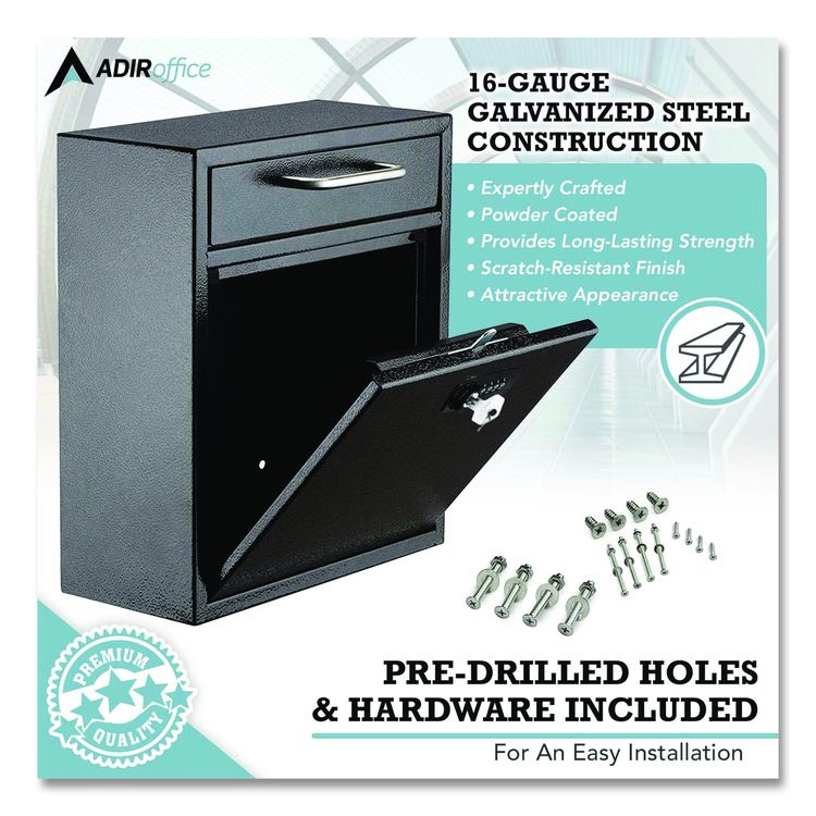 Medium Secure Drop Box Wall Mounted Locking Mail Box with Key and Combination Lock, 10.51 x 4.72 x 12, Black