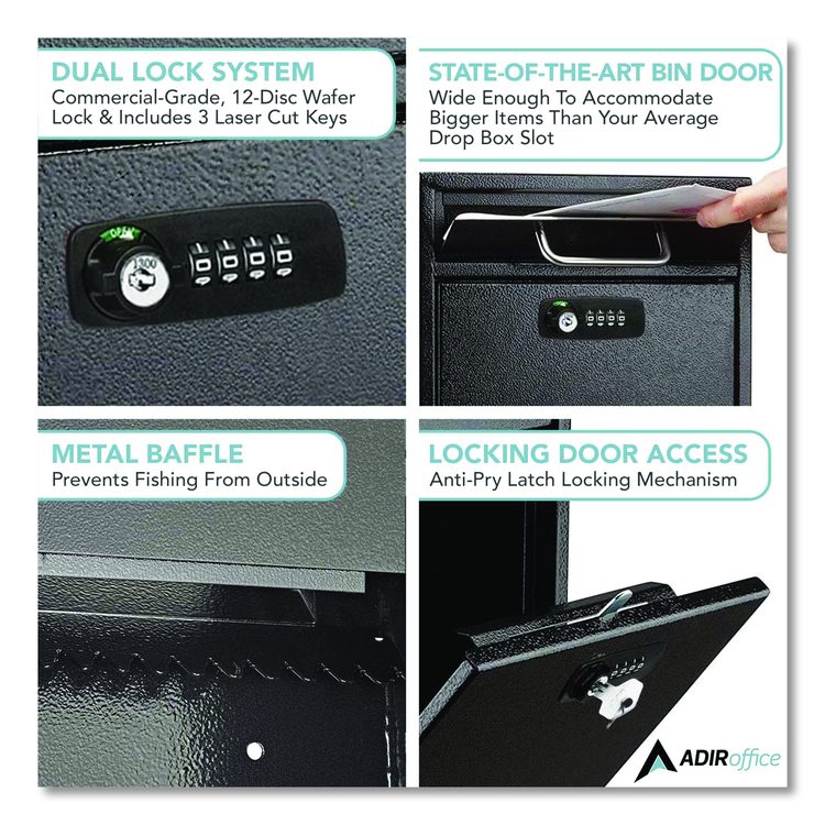 Medium Secure Drop Box Wall Mounted Locking Mail Box with Key and Combination Lock, 10.51 x 4.72 x 12, Black