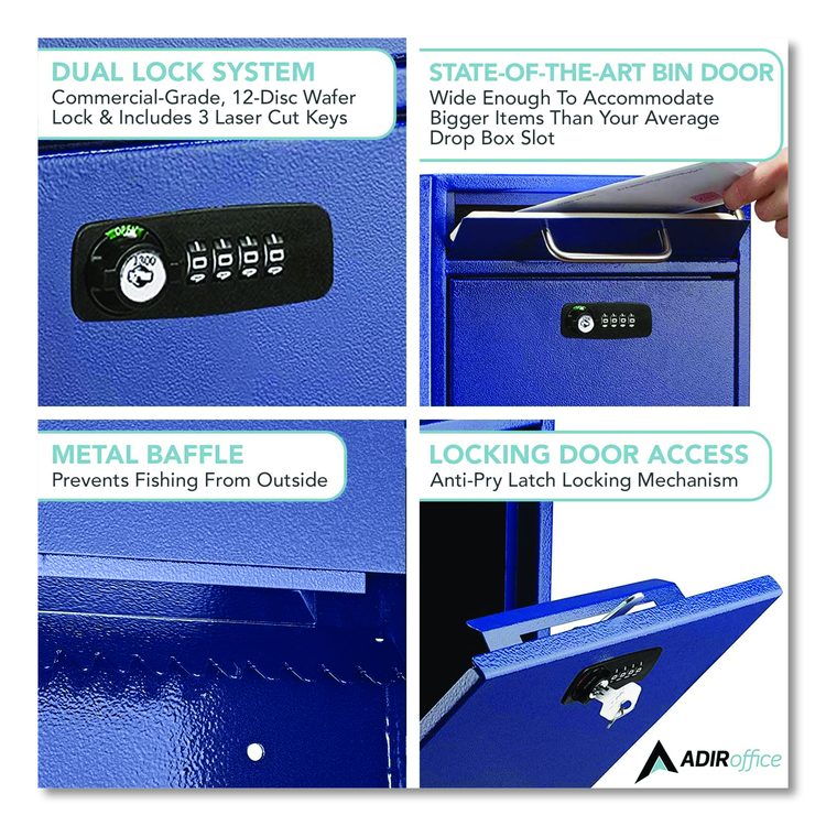 Medium Secure Drop Box Wall Mounted Locking Mail Box with Key and Combination Lock, 10.51 x 4.72 x 12, Blue