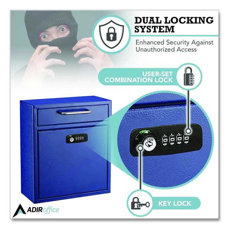 Medium Secure Drop Box Wall Mounted Locking Mail Box with Key and Combination Lock, 10.51 x 4.72 x 12, Blue