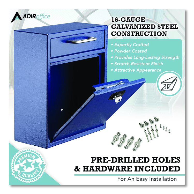 Medium Secure Drop Box Wall Mounted Locking Mail Box with Key and Combination Lock, 10.51 x 4.72 x 12, Blue