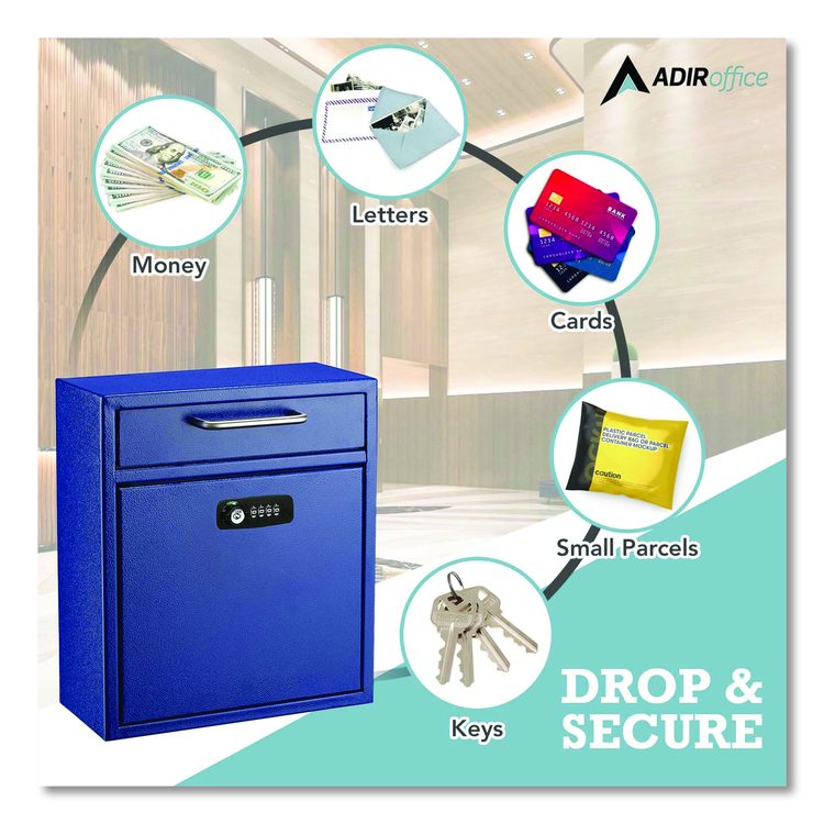 Medium Secure Drop Box Wall Mounted Locking Mail Box with Key and Combination Lock, 10.51 x 4.72 x 12, Blue