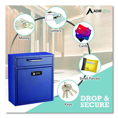 Medium Secure Drop Box Wall Mounted Locking Mail Box with Key and Combination Lock, 10.51 x 4.72 x 12, Blue