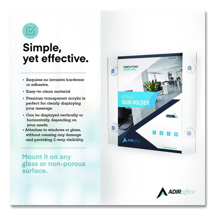 Clear Suction Acrylic Window Sign Holder, 8 x 11, Clear Frame, 2/Pack