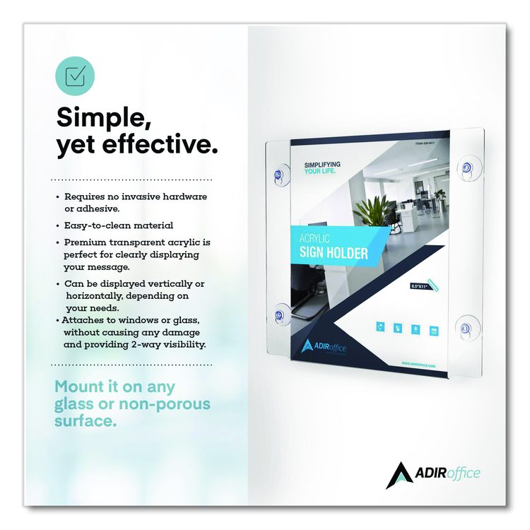 Clear Suction Acrylic Window Sign Holder, 8 x 11, Clear Frame, 6/Pack