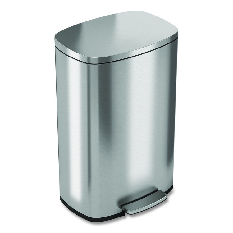 Step Pedal Trash Can, 13 gal, Plastic/Stainless Steel, Silver