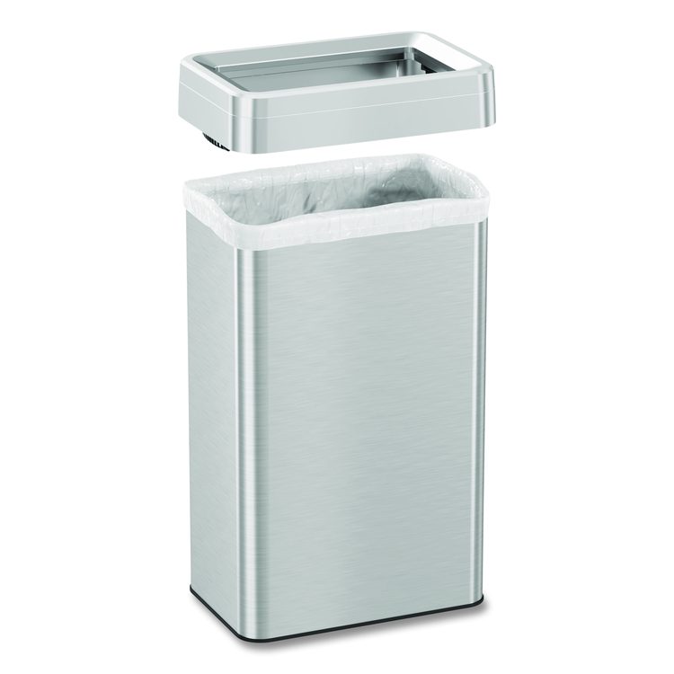 Open Top Trash Can, Rectangular, 18 gal, Plastic/Stainless Steel, Silver