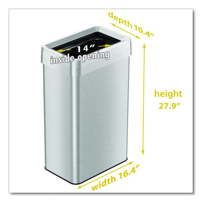 Open Top Trash Can, Rectangular, 18 gal, Plastic/Stainless Steel, Silver