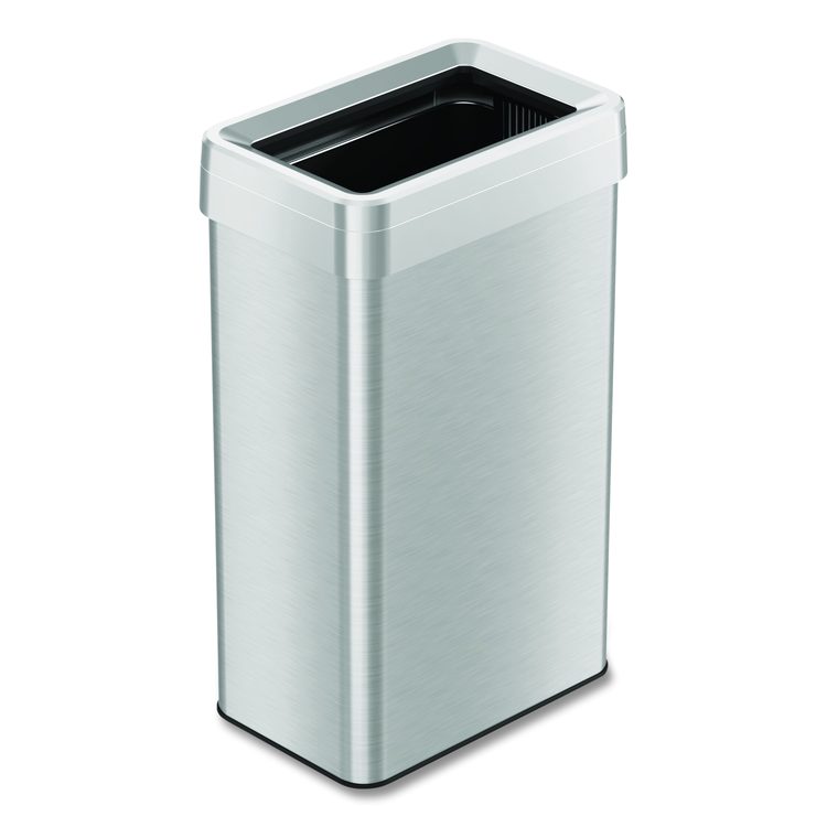 Open Top Trash Can, Rectangular, 18 gal, Plastic/Stainless Steel, Silver