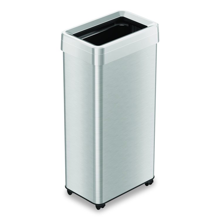 Open Top Trash Can with Wheels, 21 gal, Plastic/Stainless Steel, Silver