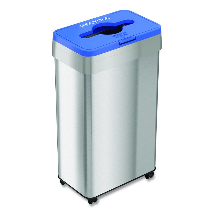 Open Top Recycling Bin with Wheels and Color-Coded Lid, 21 gal, Plastic/Stainless Steel, Silver/Blue