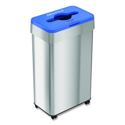 Open Top Recycling Bin with Wheels and Color-Coded Lid, 21 gal, Plastic/Stainless Steel, Silver/Blue