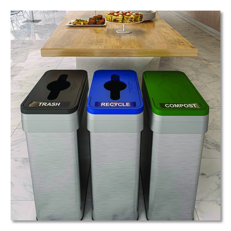 Open Top Trash Bin with Wheels and Color-Coded Lid, 21 gal, Plastic/Stainless Steel, Silver/Black
