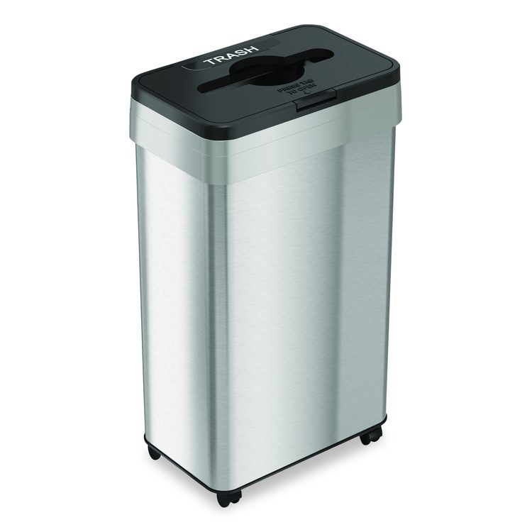 Open Top Trash Bin with Wheels and Color-Coded Lid, 21 gal, Plastic/Stainless Steel, Silver/Black