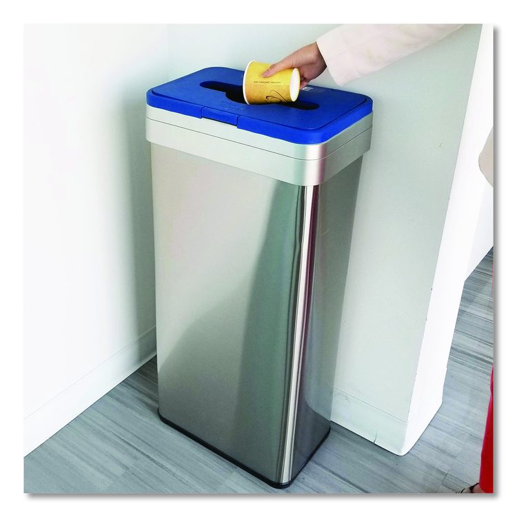 Open Top Recycle Bin with Color-Coded Lid, 21 gal, Plastic/Stainless Steel, Silver/Blue