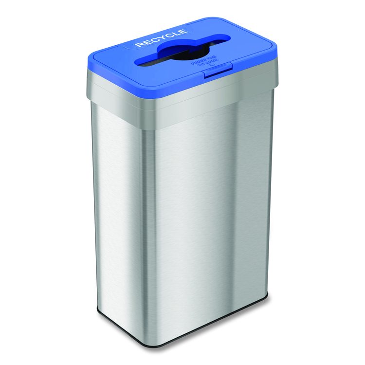 Open Top Recycle Bin with Color-Coded Lid, 21 gal, Plastic/Stainless Steel, Silver/Blue