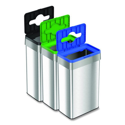 Open Top Trash Can/Recycle Bin/Compost Bin w/Color-Coded Lids Set, 21 gal, Plastic/Stainless Steel, Silver/Black/Blue/Green