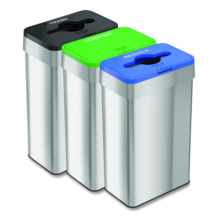 Open Top Trash Can/Recycle Bin/Compost Bin w/Color-Coded Lids Set, 21 gal, Plastic/Stainless Steel, Silver/Black/Blue/Green
