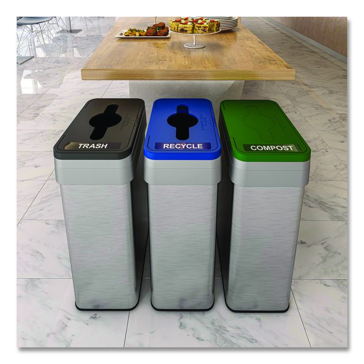 Open Top Trash Can with Color-Coded Lid, 21 gal, Plastic/Stainless Steel, Silver/Black