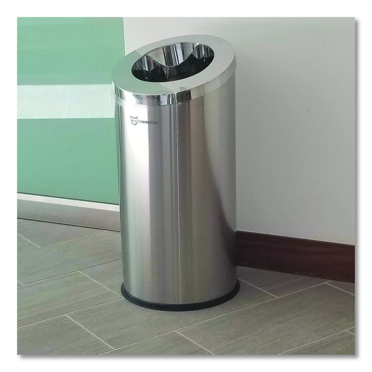 Beveled Open Top Trash Can, 15 gal, Stainless Steel, Silver