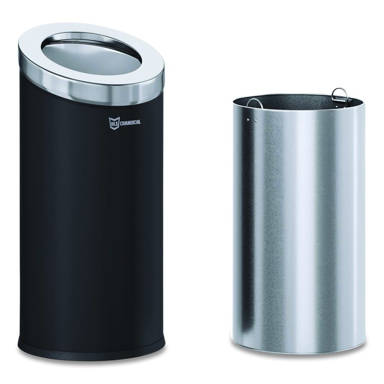 Beveled Open Top Trash Can, 15 gal, Stainless Steel, Black