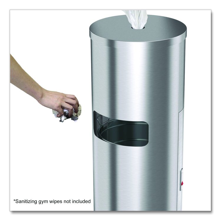 Side-Entry Trash Can with Gym Wipe Dispenser, 9 gal, Stainless Steel, Silver