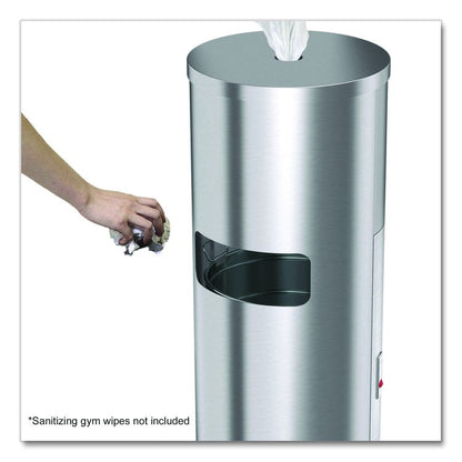 Side-Entry Trash Can with Gym Wipe Dispenser, 9 gal, Stainless Steel, Silver