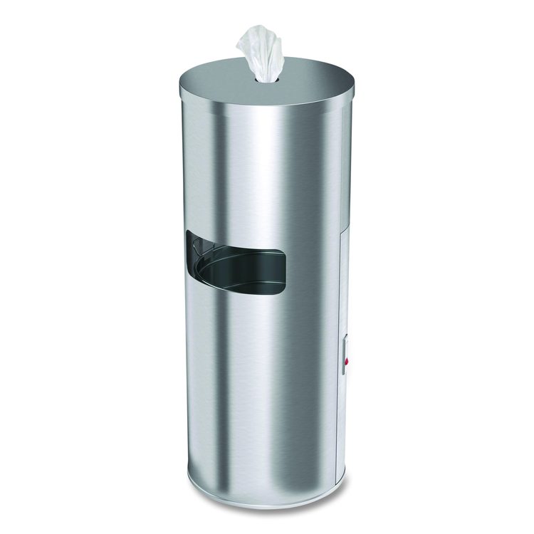 Side-Entry Trash Can with Gym Wipe Dispenser, 9 gal, Stainless Steel, Silver