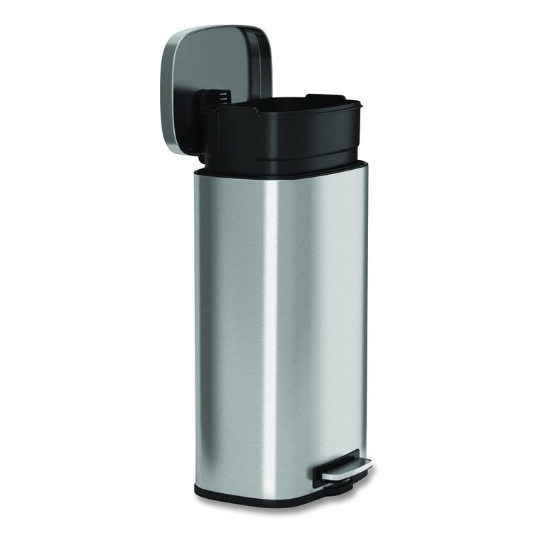 Step Pedal Trash Can, 8 gal, Plastic/Stainless Steel, Silver