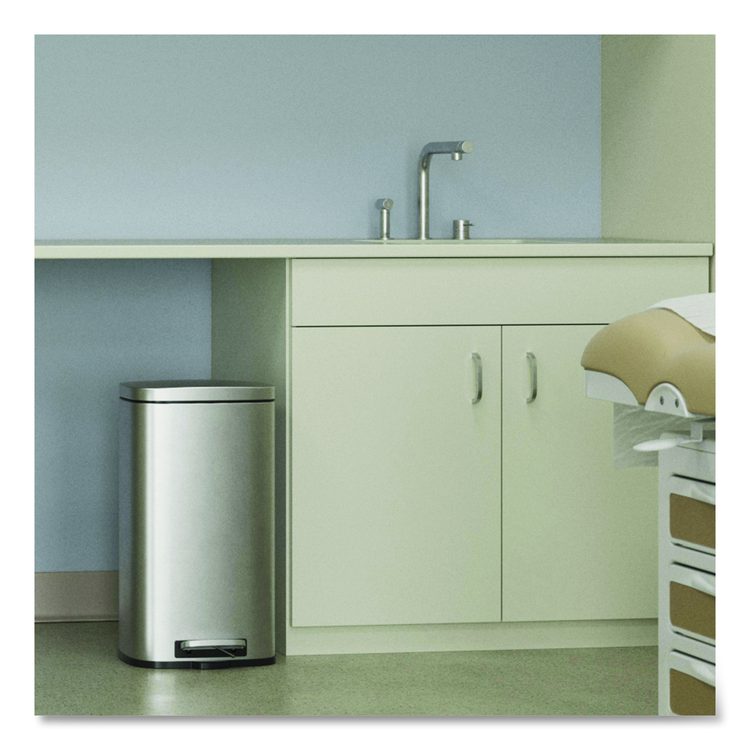 Step Pedal Trash Can, 8 gal, Plastic/Stainless Steel, Silver