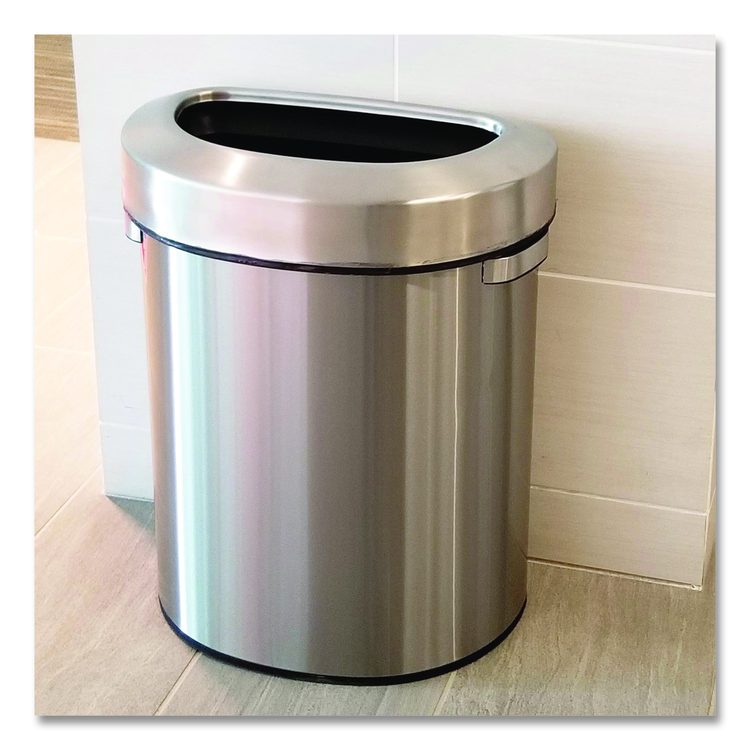 Open Top Trash Can, Half-Round, 18 gal, Plastic/Stainless Steel, Silver