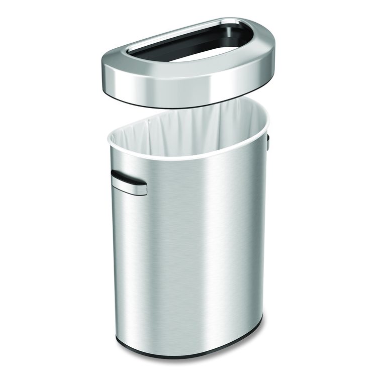 Open Top Trash Can, Half-Round, 18 gal, Plastic/Stainless Steel, Silver