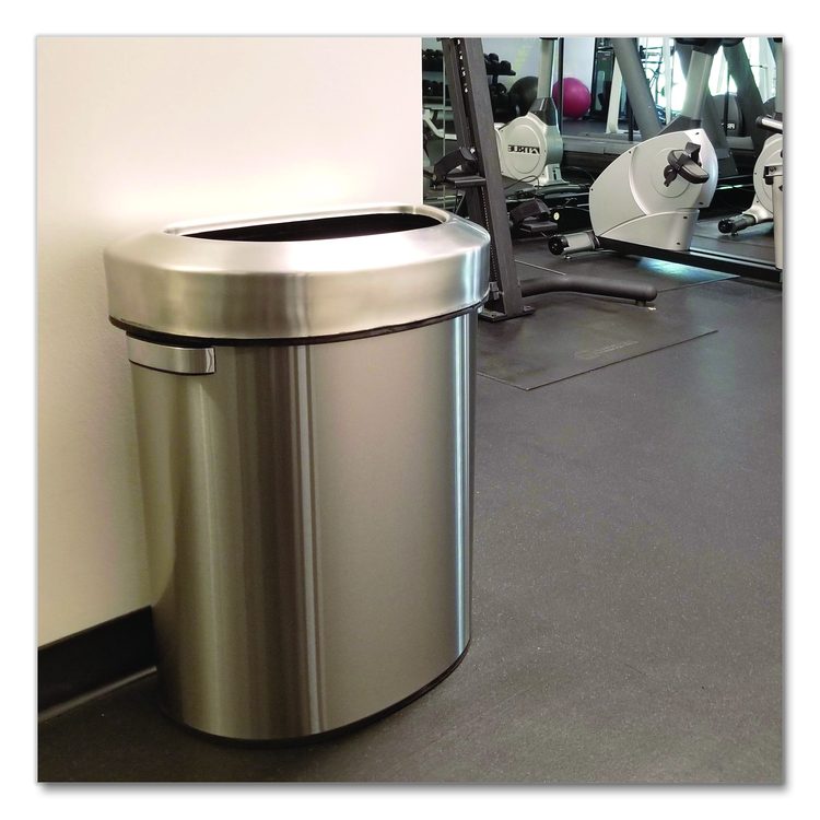 Open Top Trash Can, Half-Round, 18 gal, Plastic/Stainless Steel, Silver
