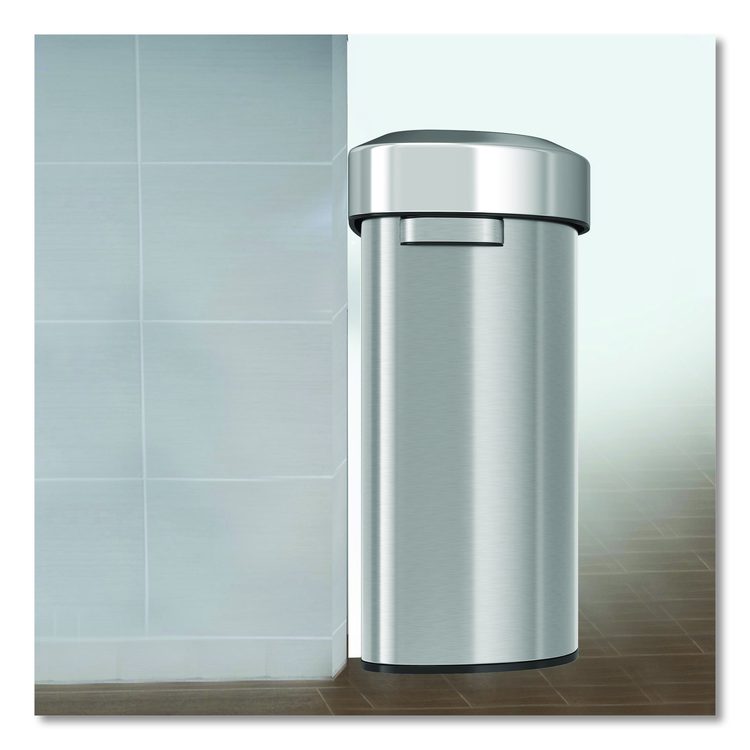 Open Top Trash Can, Half-Round, 18 gal, Plastic/Stainless Steel, Silver