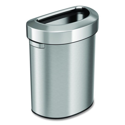 Open Top Trash Can, Half-Round, 18 gal, Plastic/Stainless Steel, Silver