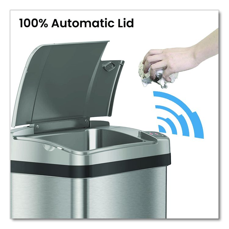 Rectangular Sensor Trash Can, 4 gal, Plastic/Stainless Steel, Silver