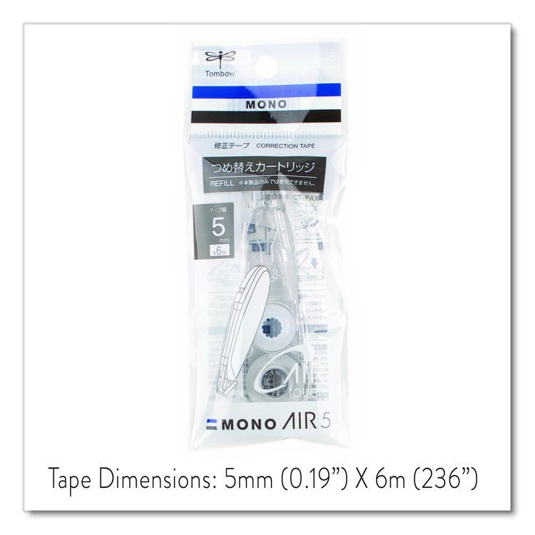 MONO Air Pen-Type Correction Tape, Refillable, 0.19" x 19.67 ft, White Tape, Clear Dispenser