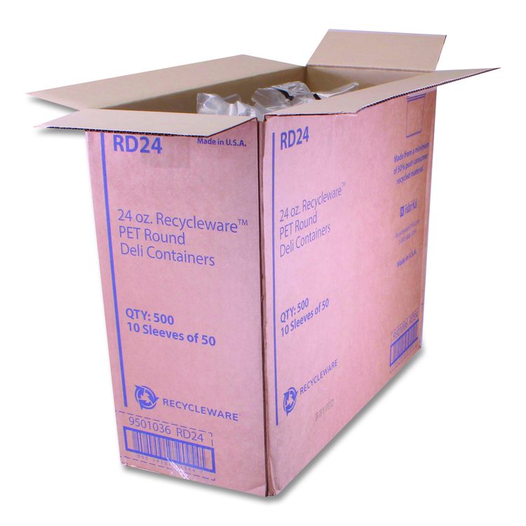 Recycleware Round Deli Container, 24 oz, 4.6" Diameter x 3.6" h, Clear, Plastic, 500/Carton