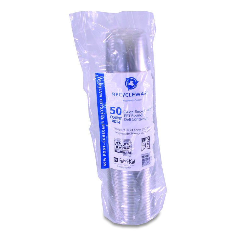 Recycleware Round Deli Container, 24 oz, 4.6" Diameter x 3.6" h, Clear, Plastic, 500/Carton