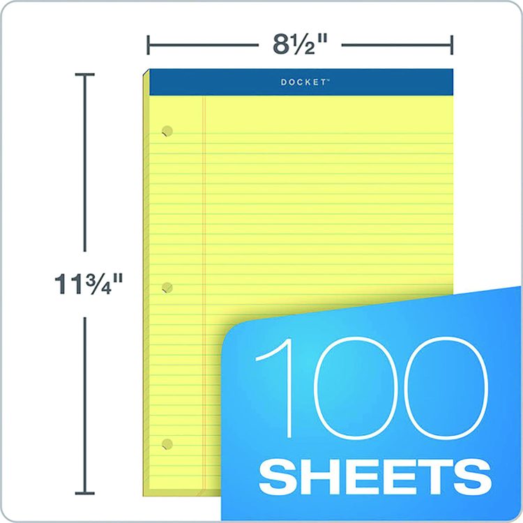 Double Docket Ruled Pads with Extra Sturdy Back, Medium/College Rule, (100) Canary Yellow 8.5 x 11 Sheets